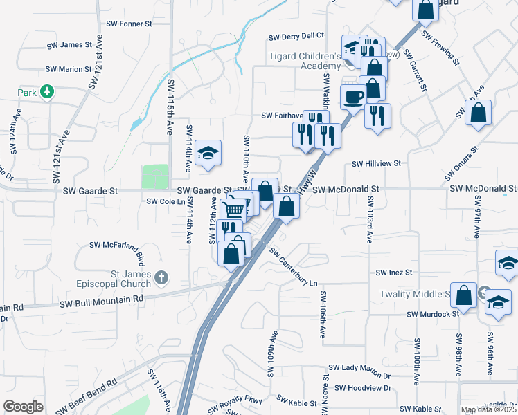 map of restaurants, bars, coffee shops, grocery stores, and more near 11000 Southwest Gaarde Street in Portland