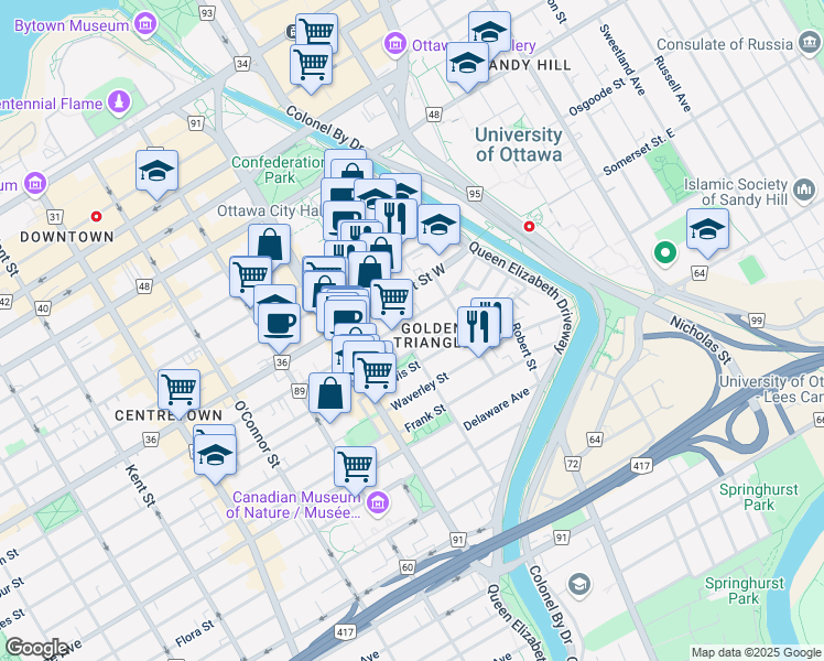 map of restaurants, bars, coffee shops, grocery stores, and more near in Ottawa