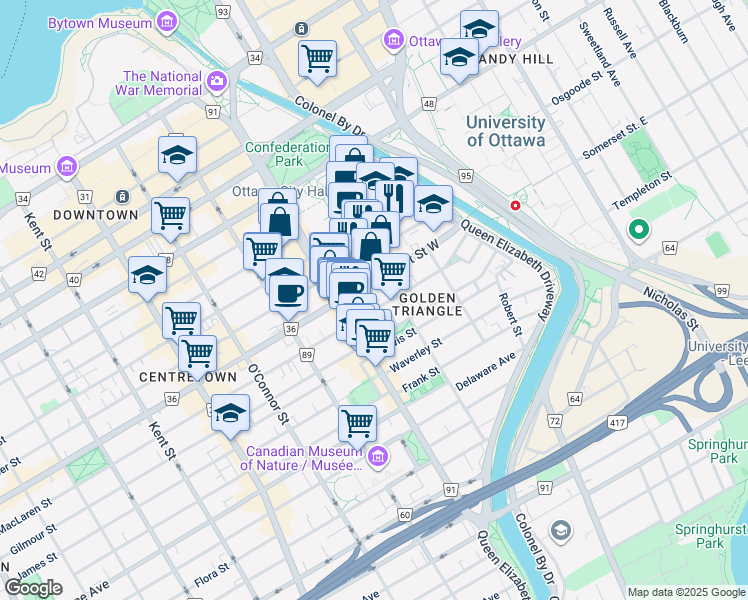 map of restaurants, bars, coffee shops, grocery stores, and more near in Ottawa
