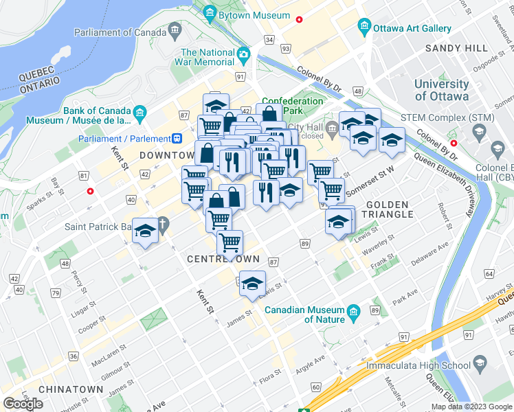 map of restaurants, bars, coffee shops, grocery stores, and more near 252 Lisgar Street in Ottawa