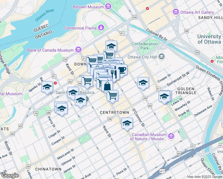 map of restaurants, bars, coffee shops, grocery stores, and more near 136 Rue O'Connor Street in Ottawa