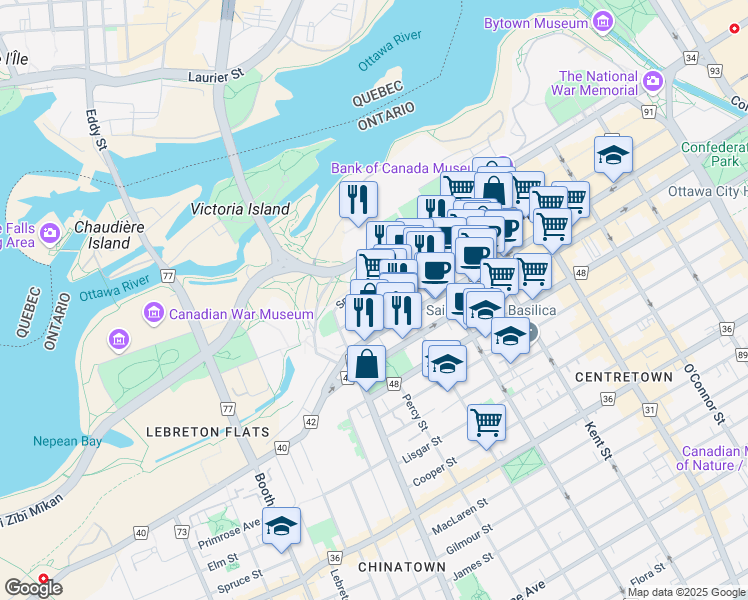 map of restaurants, bars, coffee shops, grocery stores, and more near 400 Sparks Street in Ottawa