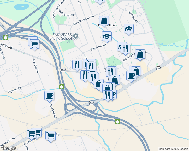 map of restaurants, bars, coffee shops, grocery stores, and more near 1641 Meadowbrook Road in Ottawa