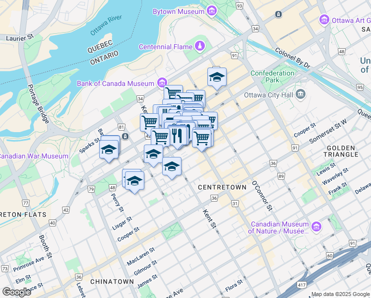 map of restaurants, bars, coffee shops, grocery stores, and more near 360 Laurier Avenue West in Ottawa