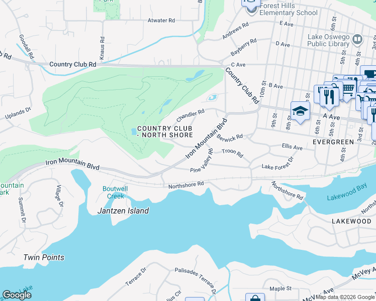 map of restaurants, bars, coffee shops, grocery stores, and more near 245 Chandler Place in Lake Oswego