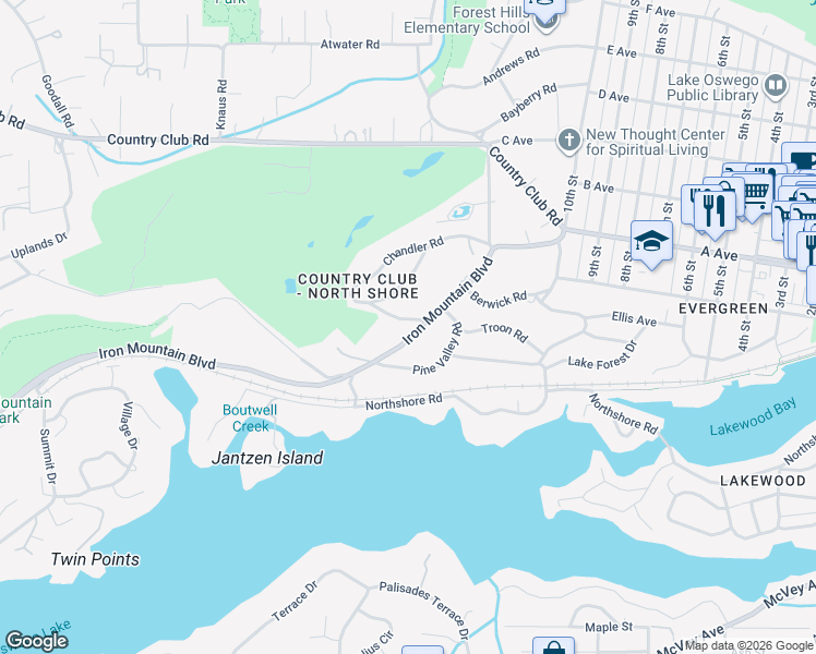 map of restaurants, bars, coffee shops, grocery stores, and more near 1572 Chandler Road in Lake Oswego