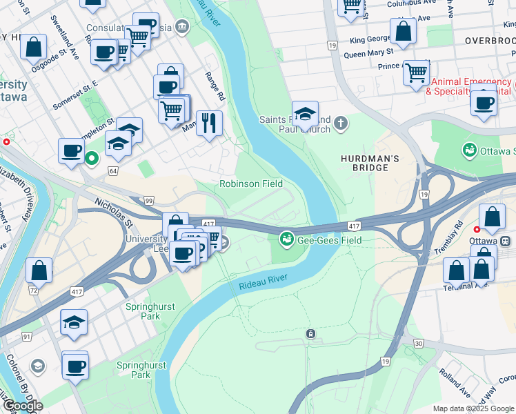 map of restaurants, bars, coffee shops, grocery stores, and more near 20 Robinson Avenue in Ottawa