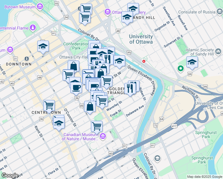map of restaurants, bars, coffee shops, grocery stores, and more near 67 Cartier Street in Ottawa