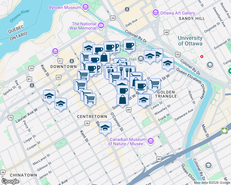 map of restaurants, bars, coffee shops, grocery stores, and more near 200 Metcalfe Street in Ottawa