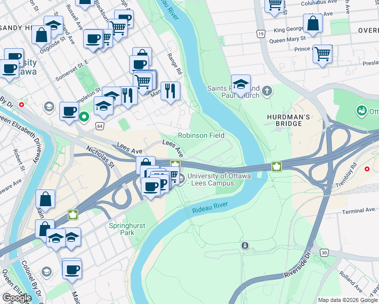map of restaurants, bars, coffee shops, grocery stores, and more near in Ottawa