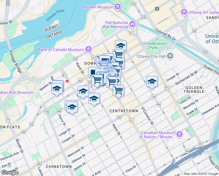 map of restaurants, bars, coffee shops, grocery stores, and more near 186 Bank Street in Ottawa