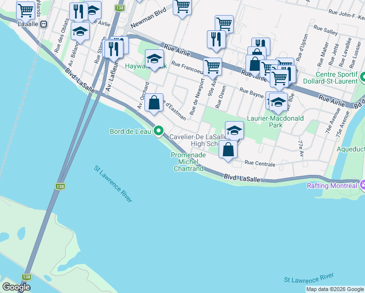 map of restaurants, bars, coffee shops, grocery stores, and more near 9307 Boulevard LaSalle in Montrã©Al