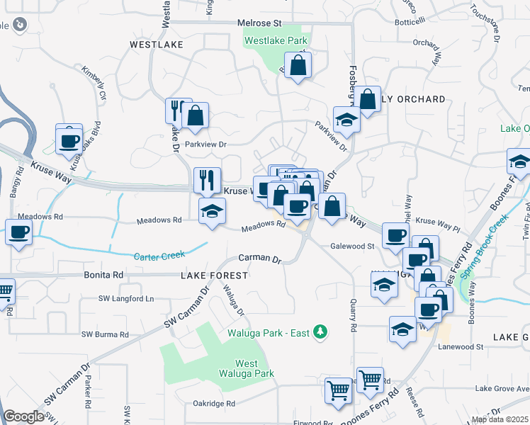 map of restaurants, bars, coffee shops, grocery stores, and more near 4949 Meadows Road in Lake Oswego