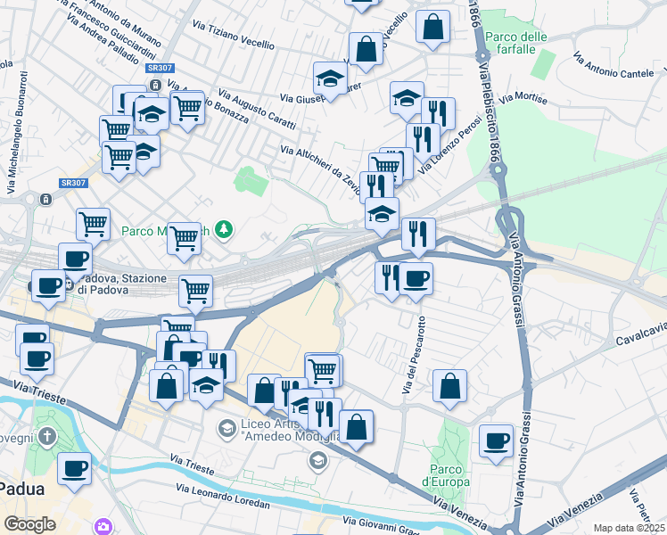 map of restaurants, bars, coffee shops, grocery stores, and more near Via Jacopo d'Avanzo in Padova