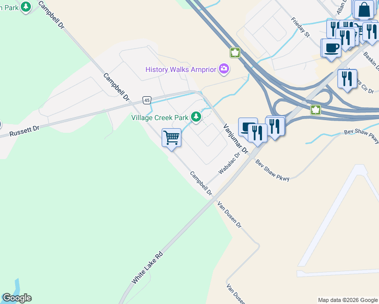 map of restaurants, bars, coffee shops, grocery stores, and more near 145 Bert Hall Street in Arnprior
