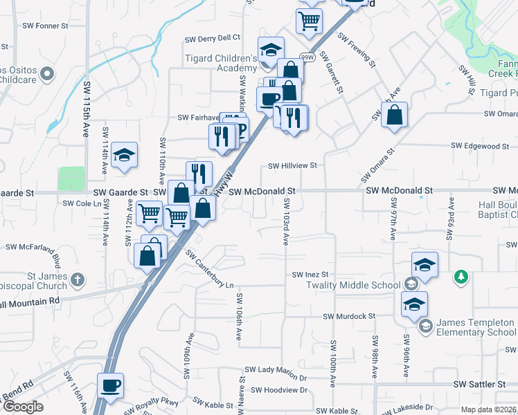 map of restaurants, bars, coffee shops, grocery stores, and more near 10450 Southwest McDonald Street in Tigard