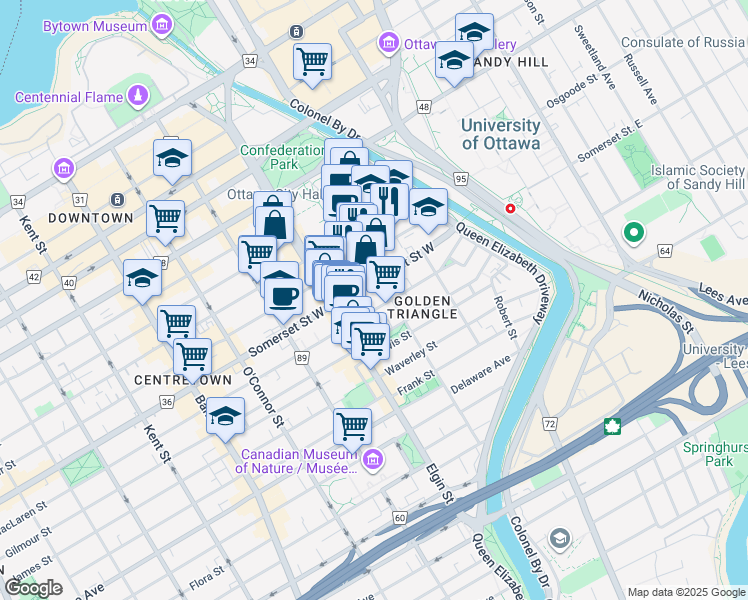 map of restaurants, bars, coffee shops, grocery stores, and more near in Ottawa