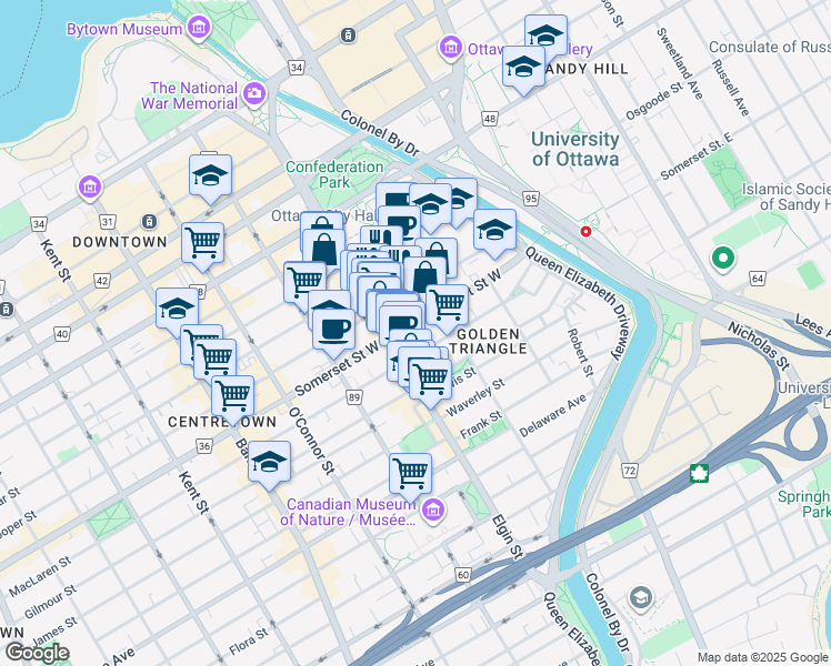 map of restaurants, bars, coffee shops, grocery stores, and more near in Ottawa