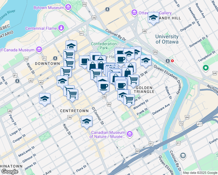 map of restaurants, bars, coffee shops, grocery stores, and more near 201 Cooper Street in Ottawa