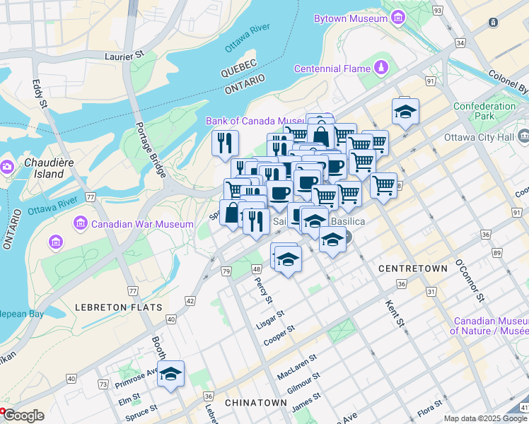 map of restaurants, bars, coffee shops, grocery stores, and more near 350 Sparks Street in Ottawa