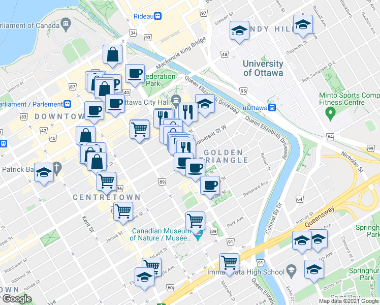 map of restaurants, bars, coffee shops, grocery stores, and more near 149 Somerset Street West in Ottawa