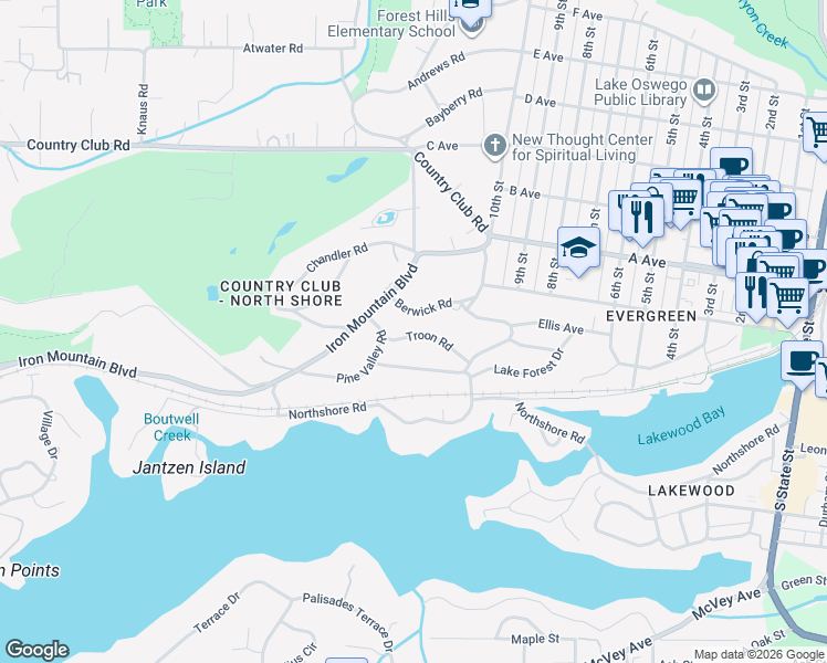 map of restaurants, bars, coffee shops, grocery stores, and more near 360 Berwick Road in Lake Oswego