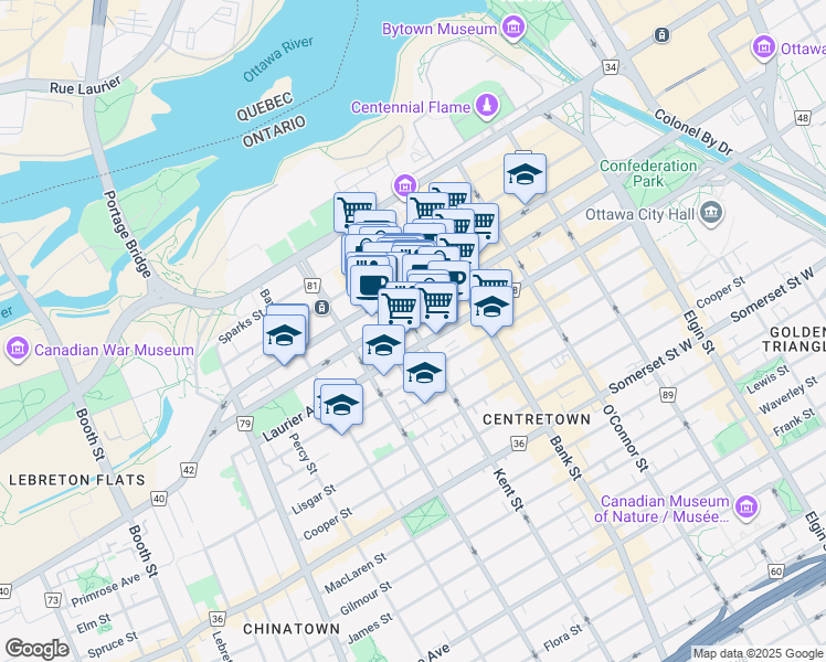 map of restaurants, bars, coffee shops, grocery stores, and more near 180 Kent Street in Ottawa