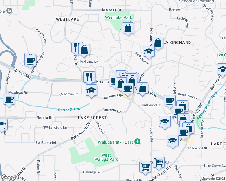 map of restaurants, bars, coffee shops, grocery stores, and more near 4949 Meadows Road in Lake Oswego