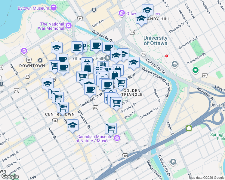 map of restaurants, bars, coffee shops, grocery stores, and more near 138 Somerset Street West in Ottawa
