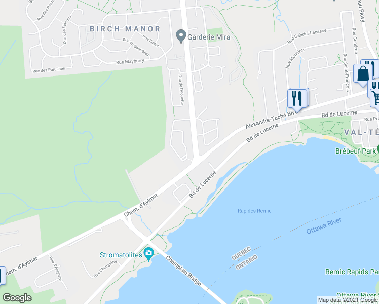 map of restaurants, bars, coffee shops, grocery stores, and more near 138 Rue Marcel-Chaput in Gatineau