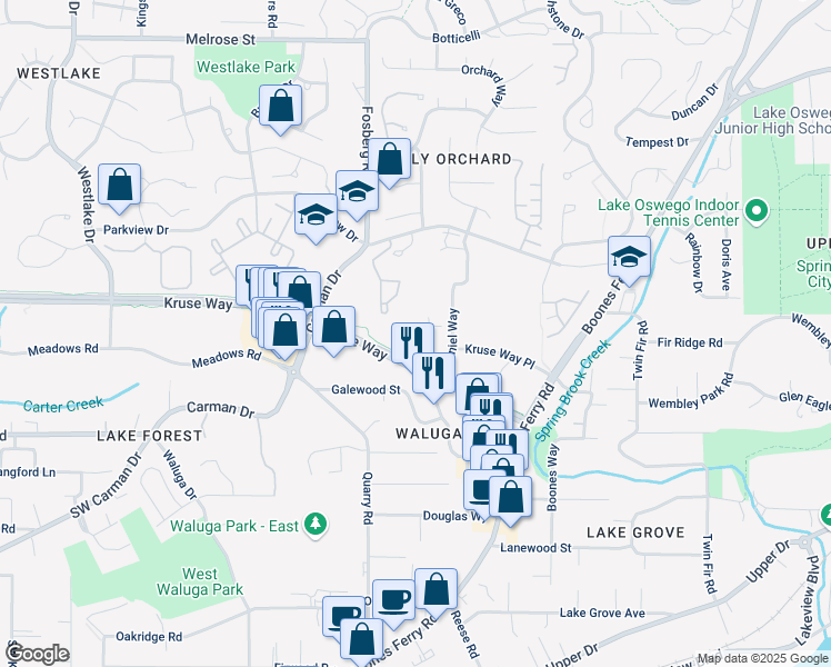 map of restaurants, bars, coffee shops, grocery stores, and more near 4101 Kruse Way in Lake Oswego