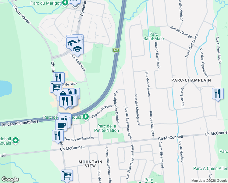 map of restaurants, bars, coffee shops, grocery stores, and more near 96 Rue Alphonse-Daudet in Gatineau