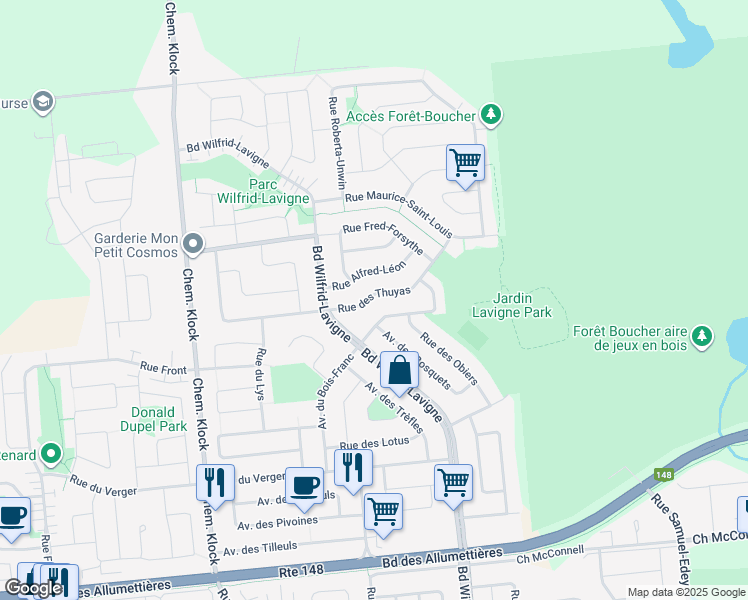 map of restaurants, bars, coffee shops, grocery stores, and more near 250 Rue des Thuyas in Gatineau