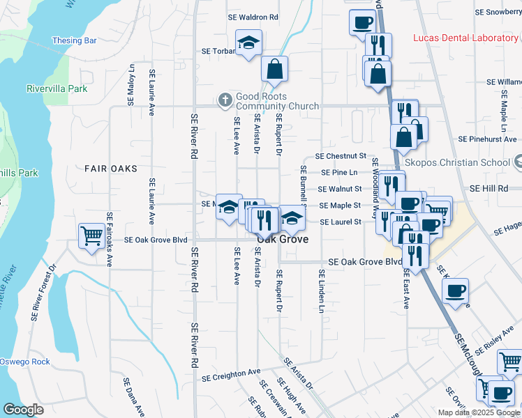 map of restaurants, bars, coffee shops, grocery stores, and more near 14412 Southeast Arista Drive in Oak Grove