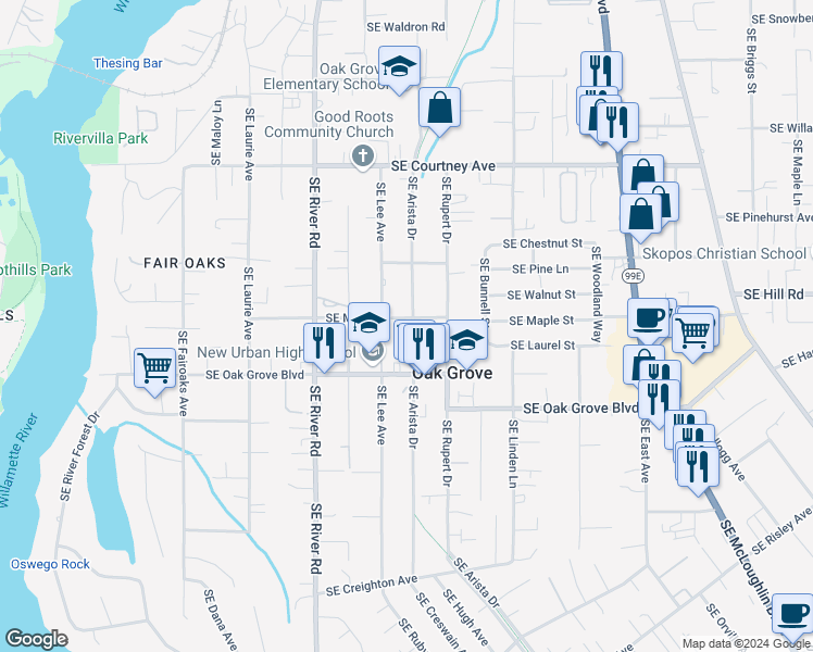map of restaurants, bars, coffee shops, grocery stores, and more near 14412 Southeast Arista Drive in Oak Grove
