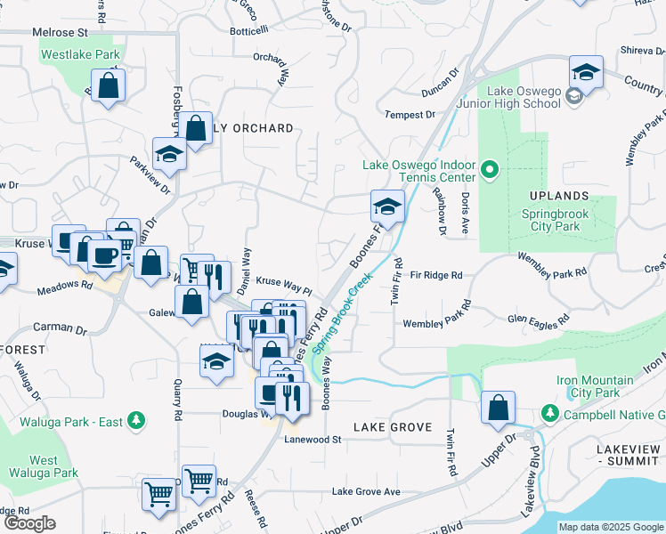 map of restaurants, bars, coffee shops, grocery stores, and more near 15000 Davis Lane in Lake Oswego