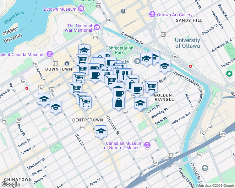 map of restaurants, bars, coffee shops, grocery stores, and more near in Ottawa