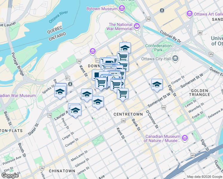 map of restaurants, bars, coffee shops, grocery stores, and more near 186 Bank Street in Ottawa