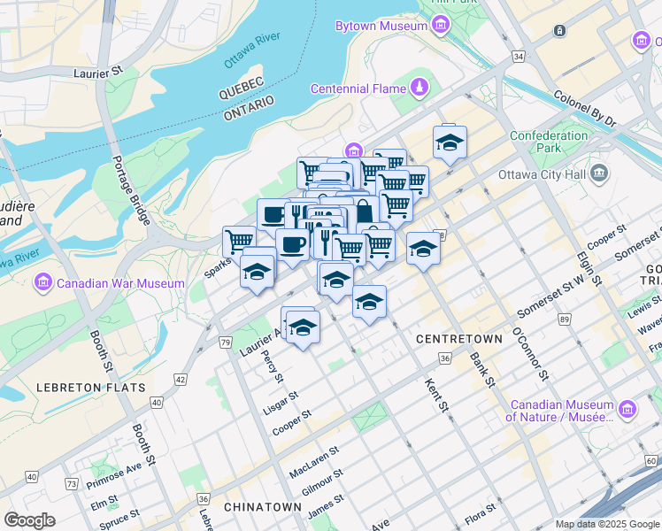 map of restaurants, bars, coffee shops, grocery stores, and more near 360 Albert Street in Ottawa