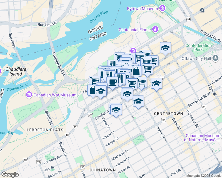 map of restaurants, bars, coffee shops, grocery stores, and more near 101 Lyon Street North in Ottawa