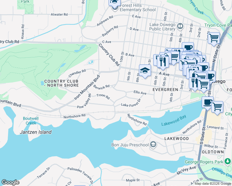 map of restaurants, bars, coffee shops, grocery stores, and more near 175 Berwick Road in Lake Oswego