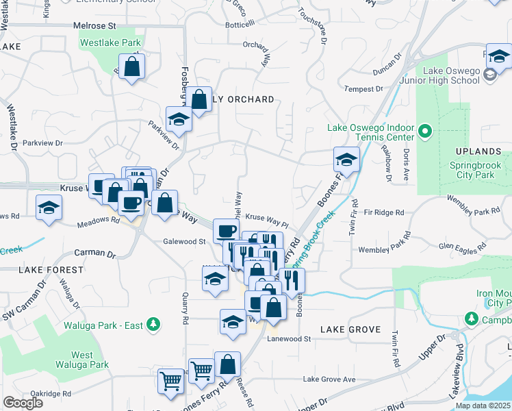 map of restaurants, bars, coffee shops, grocery stores, and more near 4000 Kruse Way Place in Lake Oswego