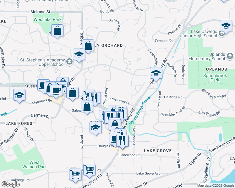 map of restaurants, bars, coffee shops, grocery stores, and more near 4000 Kruse Way Place in Lake Oswego