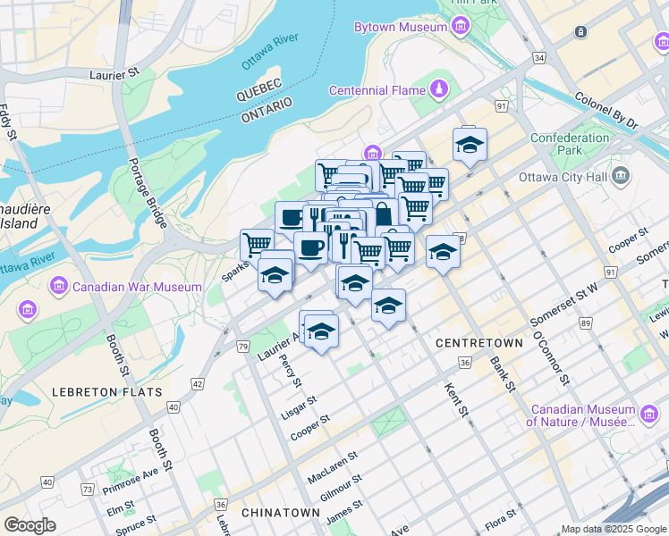 map of restaurants, bars, coffee shops, grocery stores, and more near 360 Albert Street in Ottawa