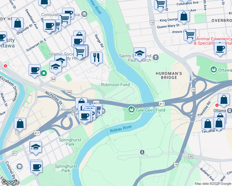 map of restaurants, bars, coffee shops, grocery stores, and more near 19 Robinson Avenue in Ottawa