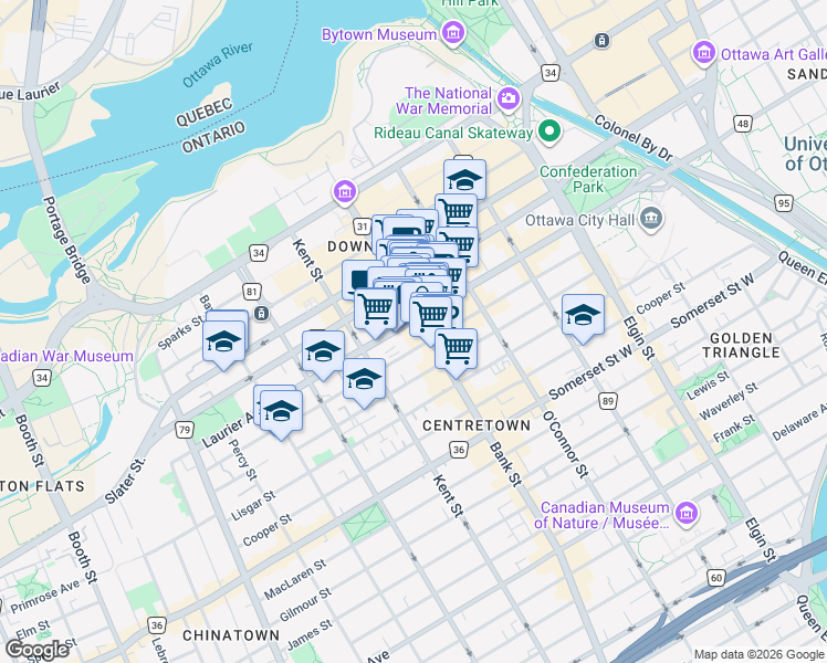 map of restaurants, bars, coffee shops, grocery stores, and more near 324 Avenue Laurier in Ottawa