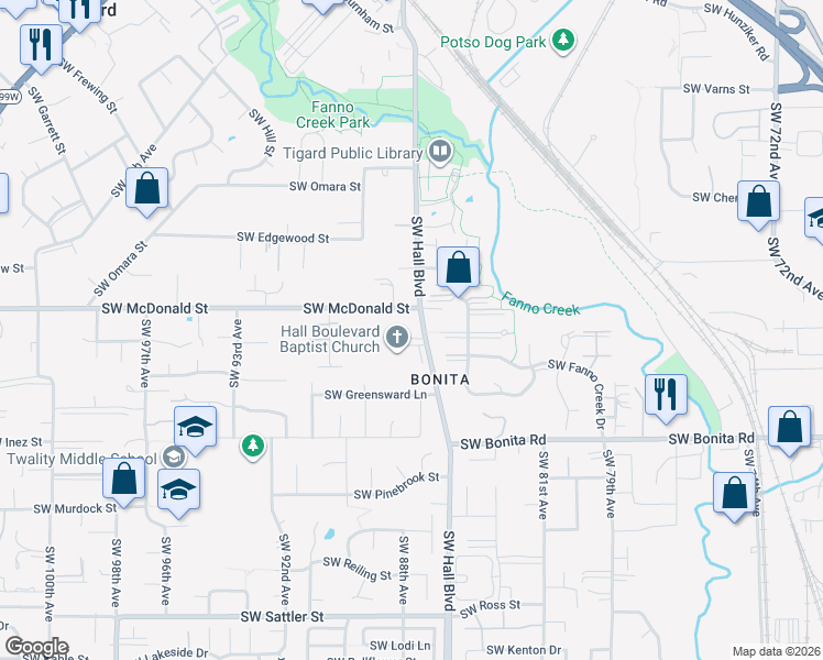 map of restaurants, bars, coffee shops, grocery stores, and more near 8640 Southwest McDonald Street in Portland