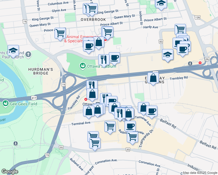 map of restaurants, bars, coffee shops, grocery stores, and more near in Ottawa