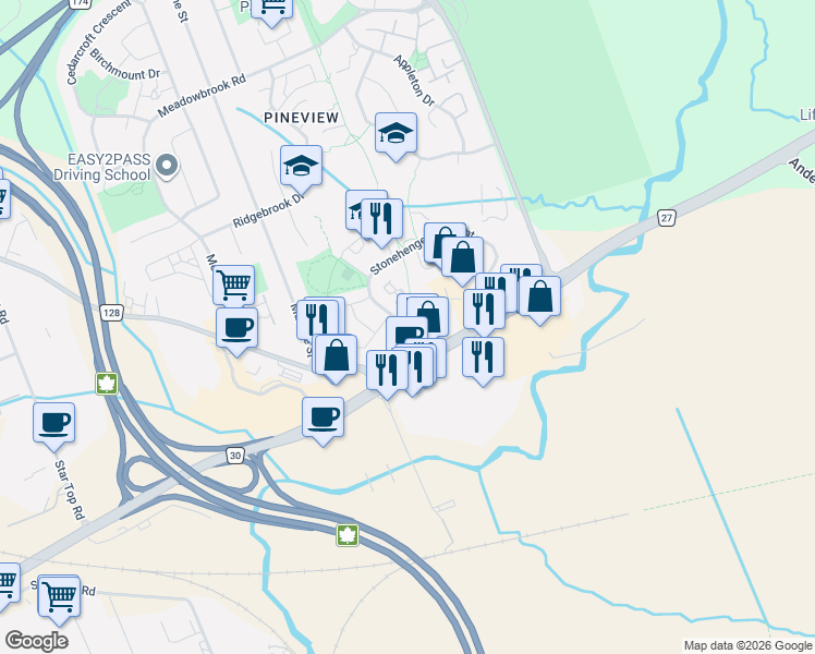 map of restaurants, bars, coffee shops, grocery stores, and more near Stonehenge Crescent in Ottawa