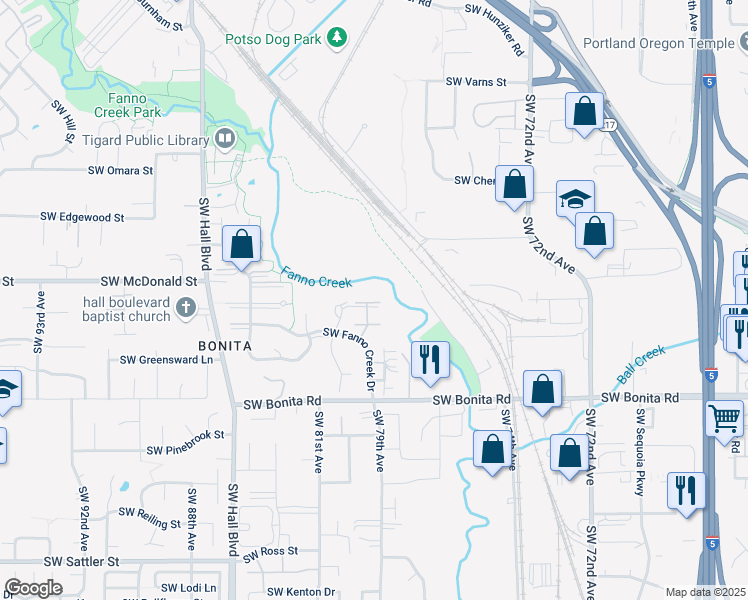 map of restaurants, bars, coffee shops, grocery stores, and more near 7915 Southwest Fanno Creek Drive in Tigard